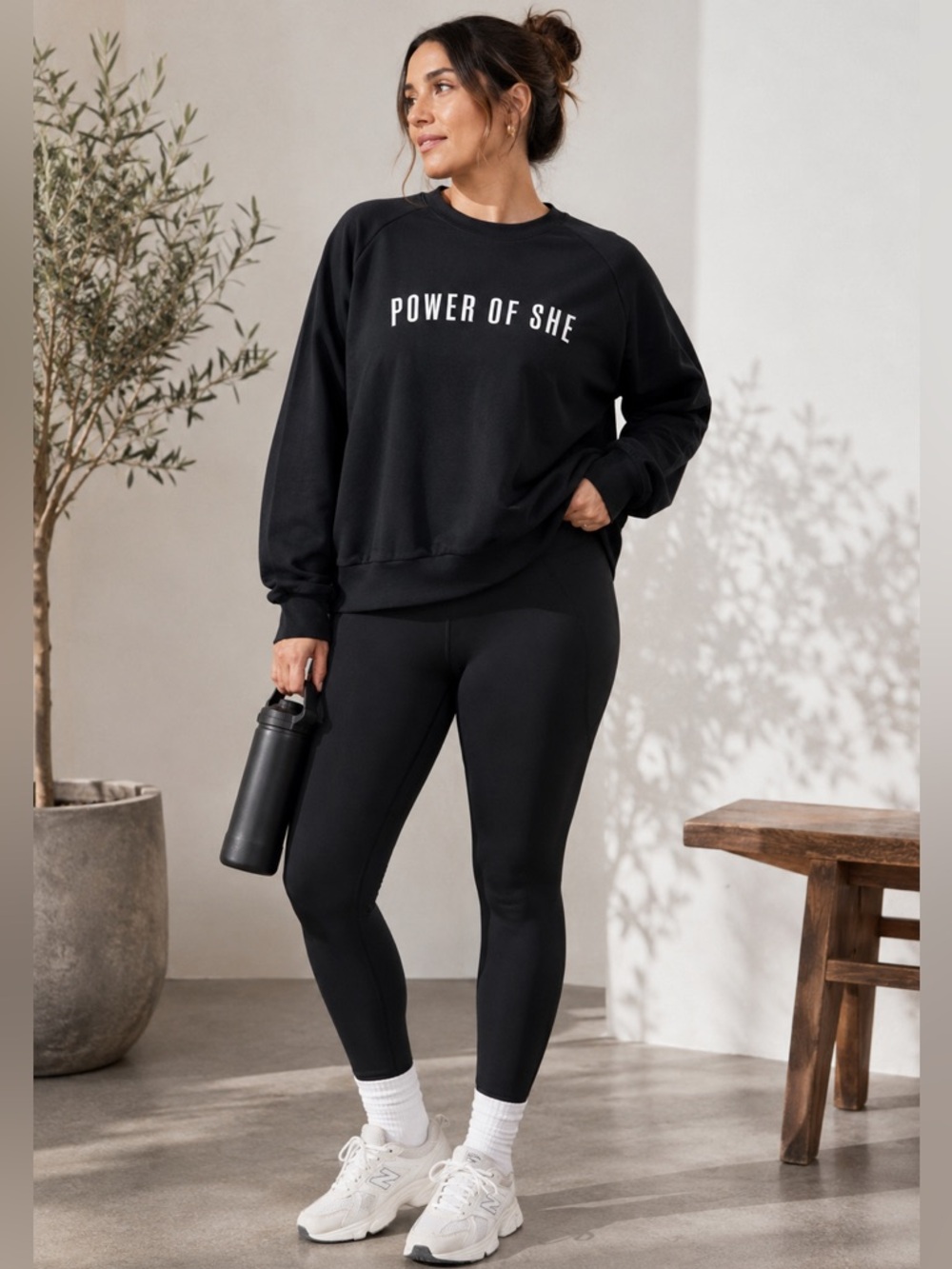 Athleta Power Of She Black Forever Fleece Ws Crewneck Boxy Sweartshirt Sz XL